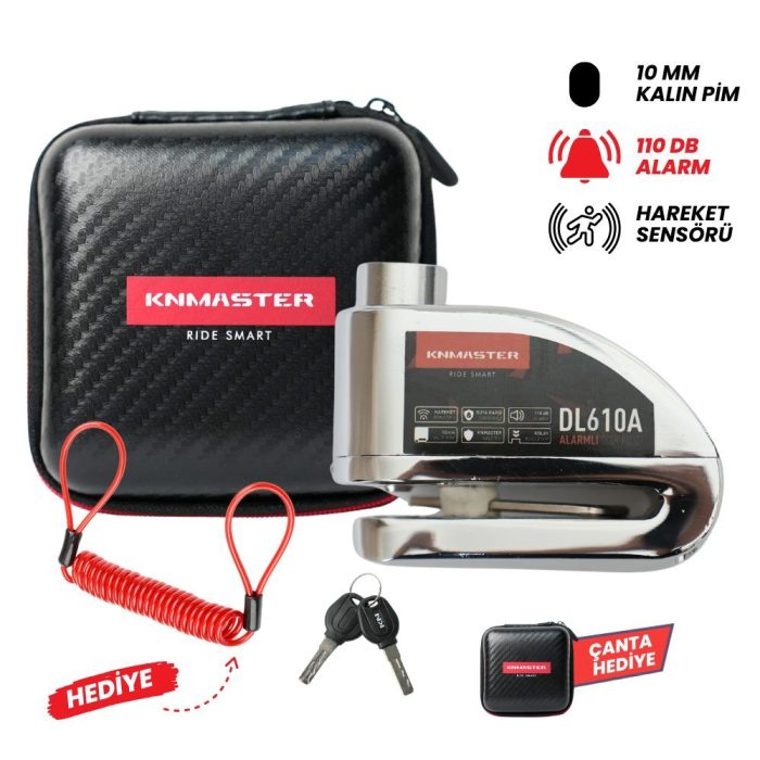 KNMASTER DL610A Alarmlı Disk Kilidi  10 mm Çelik Pim  Hatırlatma Kablosu ve Taşıma Çantası  Silver